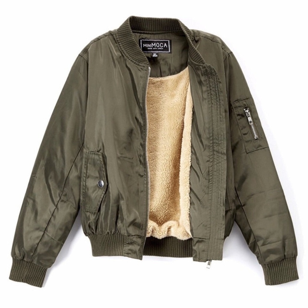 Mini Moca Girls Sherpa Lined Olive Bomber Jacket